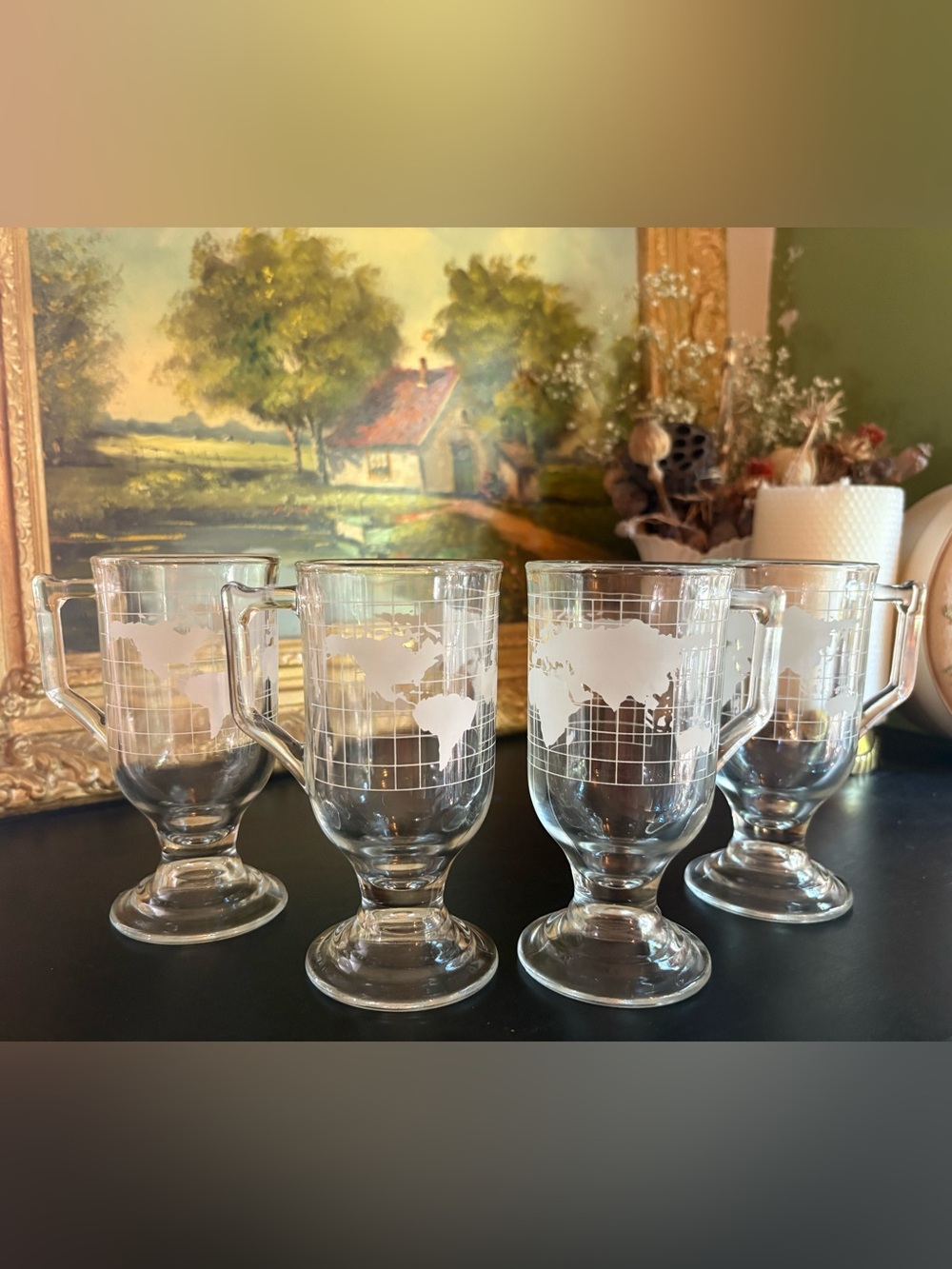 VTG Etched Glass World Globe Style Tall Café Coffee/ Tea Mugs w/ Handle Set of 4
